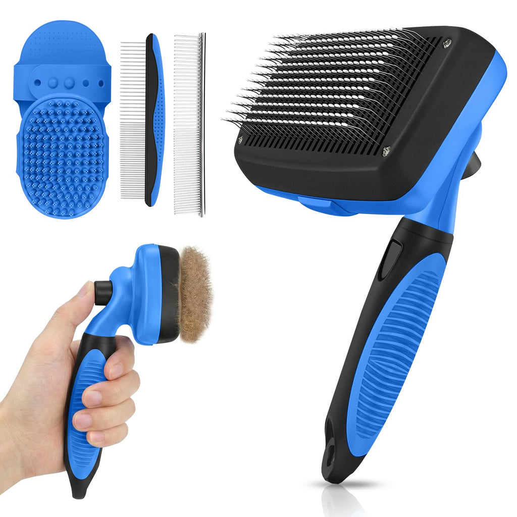 Skiennix Self-Cleaning Shedding Brush - 5-in-1 Professional Grooming Kit for Dogs & Cats | Blue