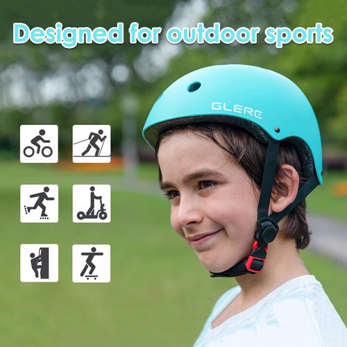 Glerc Warrior Adjustable ABS Material Lightweight Kids Sports Helmet with Handguard & Kneepad for Age 3-9 Year Old Toddler Youth for Cycling Bike Skateboard Scooter Skating, S Size Cyan