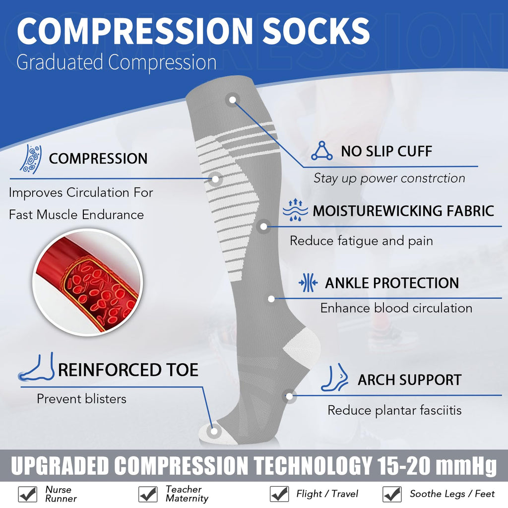 Sooverki Compression Socks for Men & Women Circulation 8 Pack 15-20mmHg - Knee High Stockings Best Support for Wide Calf Bulk Striped Running Athletic Work Travel Gifts