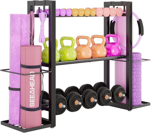 Heavy Duty Metal Dumbbell Rack by [Brand Name] - 3-Tier Adjustable Storage for Weights & Yoga Mats
