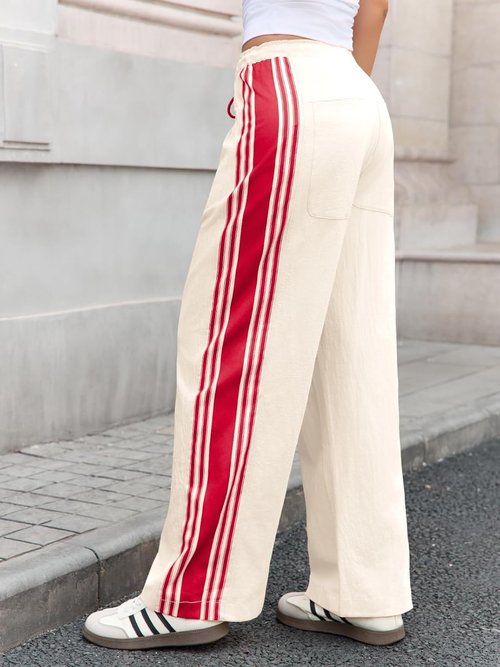 Fisoew Wide Leg Pants - High Waisted Striped Palazzo Track Pants with Pockets for Women