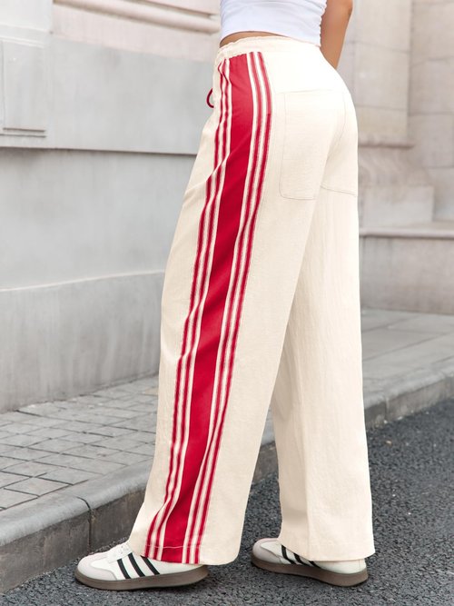 Fisoew Womens Wide Leg Pants Drawstring High Waisted Striped Baggy Palazzo Track Pants with Pockets Red