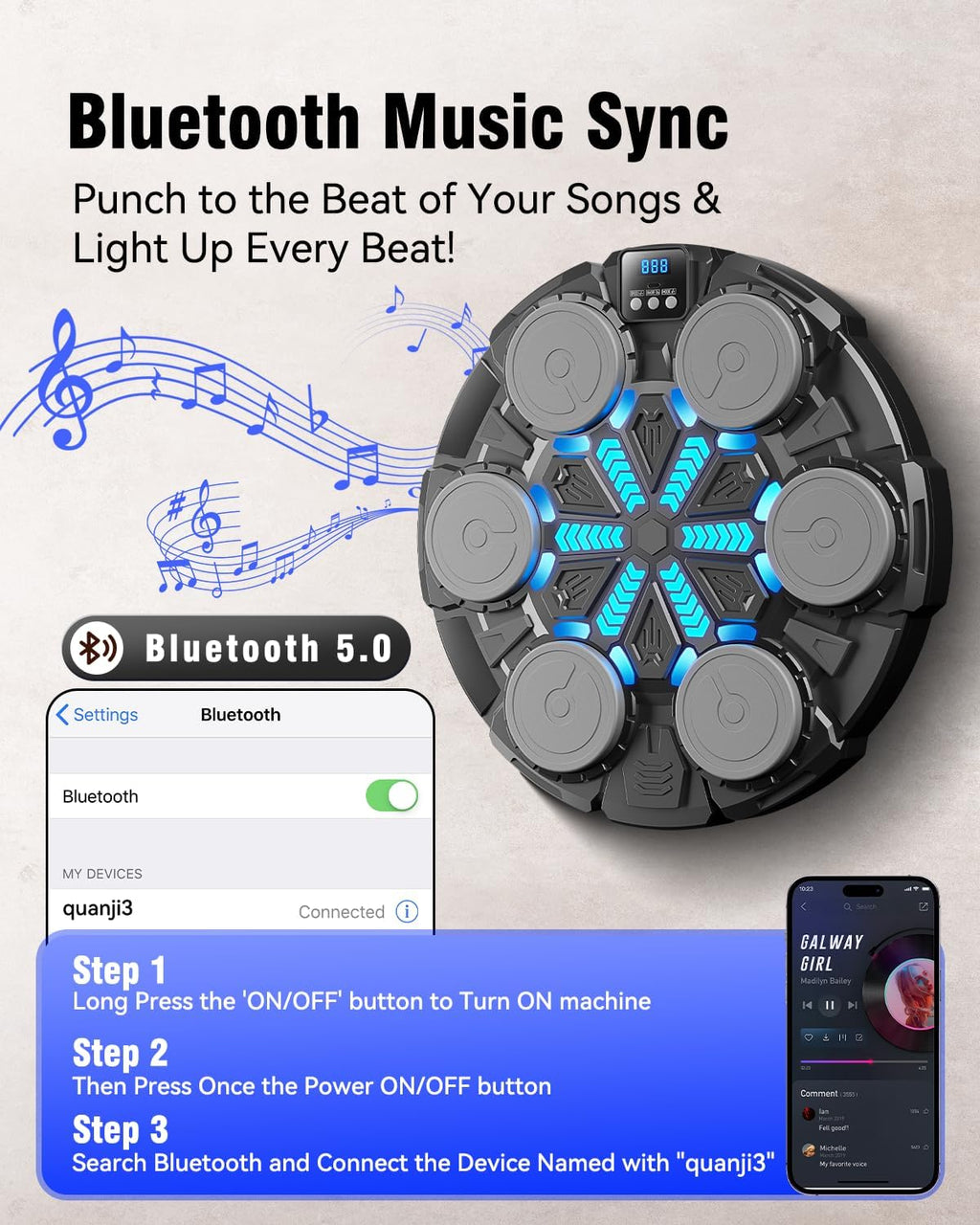 Skiennix Music Punching Machine - Bluetooth Wall Boxing Pad with Rhythm Lights & 3 Speed Modes | Home Fitness Equipment for Kids & Adults