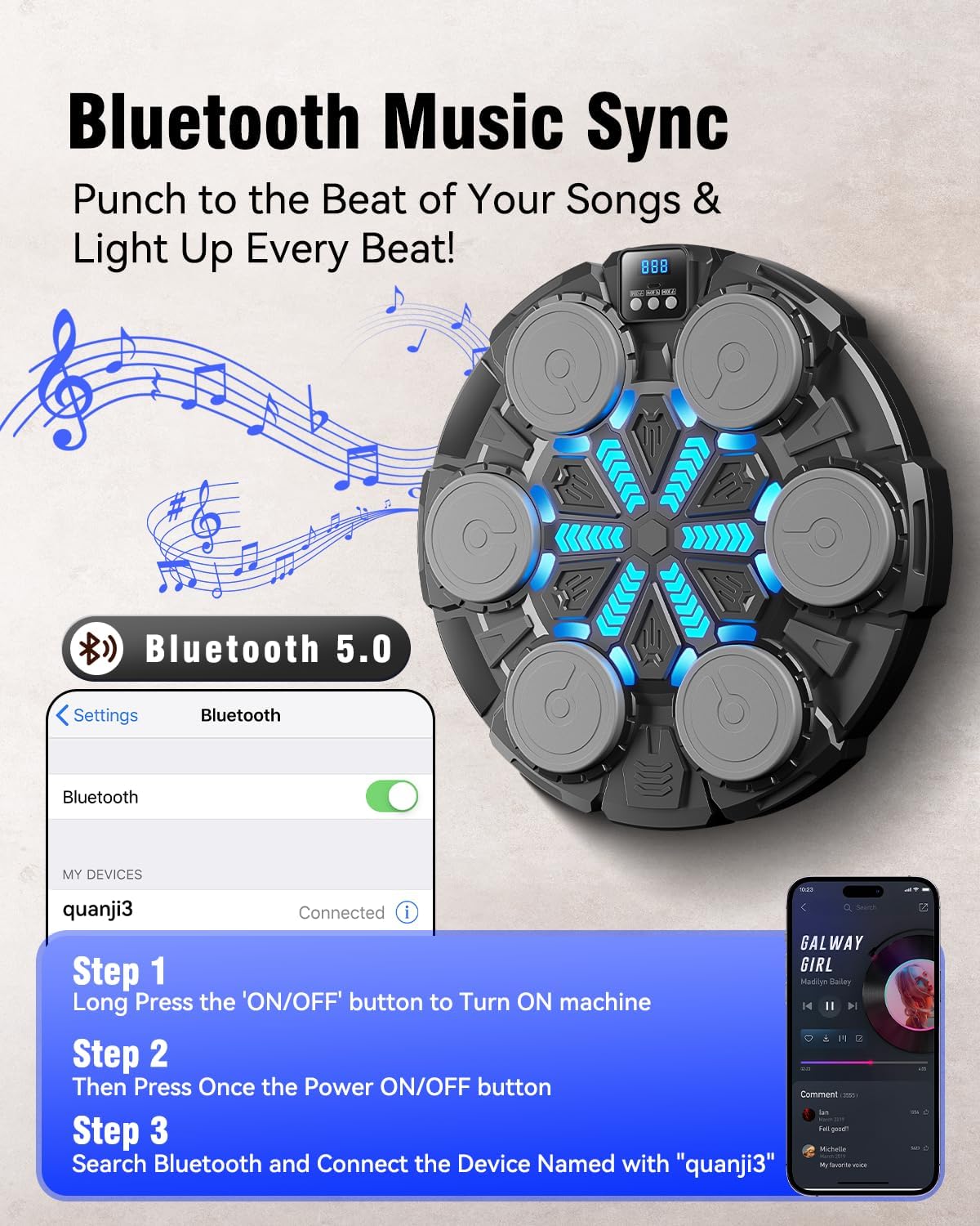 Skiennix Music Punching Machine - Bluetooth Wall Boxing Pad with Rhythm Lights & 3 Speed Modes | Home Fitness Equipment for Kids & Adults