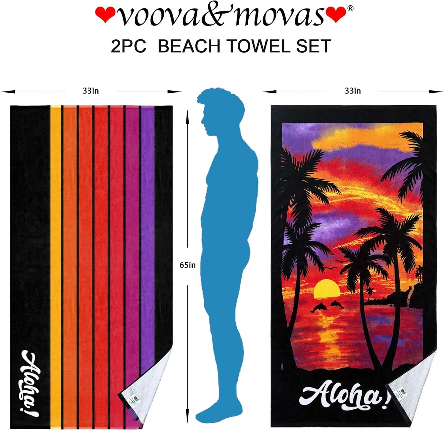 VOOVA 2PC Beach Towels - Soft & Absorbent 100% Cotton, Lightweight Pool Towels | 33" X 65", Palm Sunset & Stripe Set
