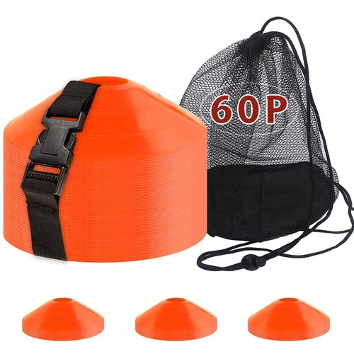 DUNCHATY 60-Pack Soccer Cones - Agility Flat Disc Cones with Carry Bag & Strap - Small Training Field Markers for Football Basketball Lacrosse - Indoor/Outdoor Sport Drills
