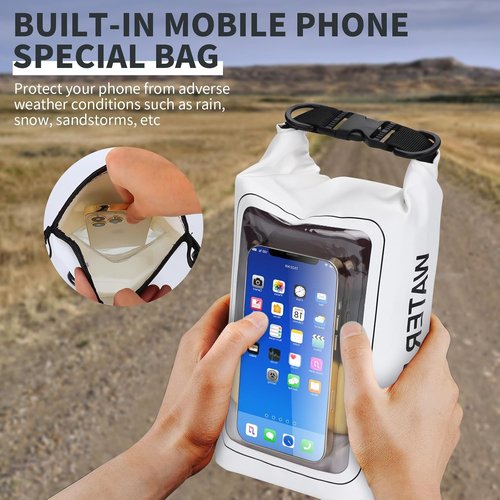 IP68 Waterproof Dry Bag - 2L Roll Top Pool Bag with Phone Pouch for Kayaking & Boating (White)