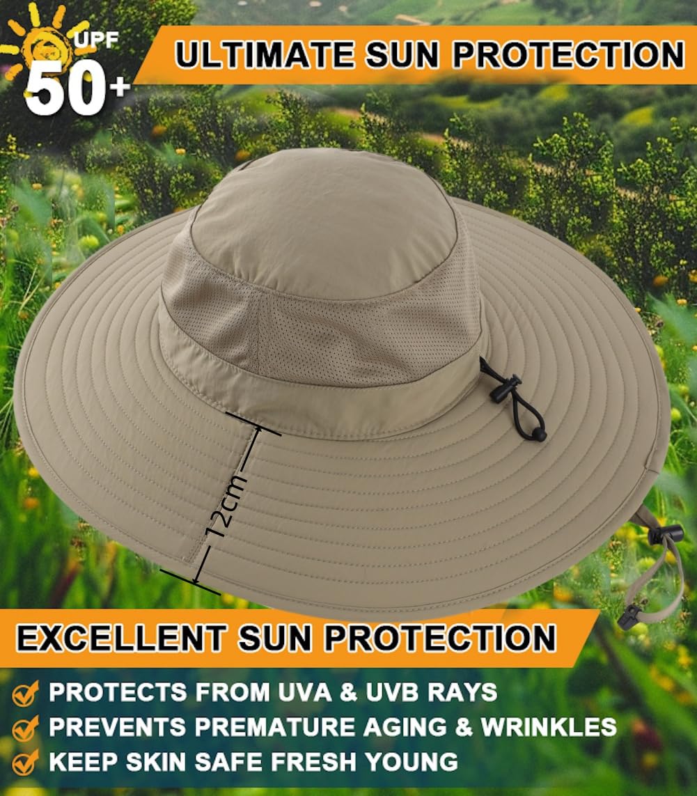 Home Prefer UPF50+ Mens Sun Hat Wide Brim Fishing Hat Foldable Large Brim UV Protection Sun Hat for Men Women Beach Gardening (Khaki)