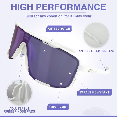 OCTO Zonda Photochromic Cycling Glasses - Lightweight Sports Sunglasses for Men & Women, UV400 Protection for Cycling, Running, Golf, and Outdoor Activities (White Purple)