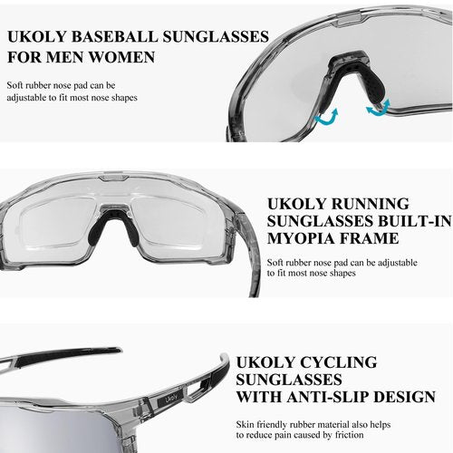 Ukoly Baseball/Running Sunglasses Cycling Glasses For Men Women,Sport Sunglasses HD Lens UV400 Protection TR90 Frame 620 (Hd Photochromic Silver)