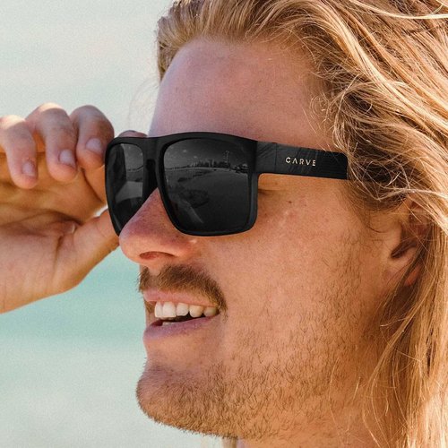 CARVE Vendetta Recycled Polarized Sunglasses – Matte Black/Grey, Unisex Square Frame, 100% UV Protection, Medium-Large Fit for Driving, Beach, Travel