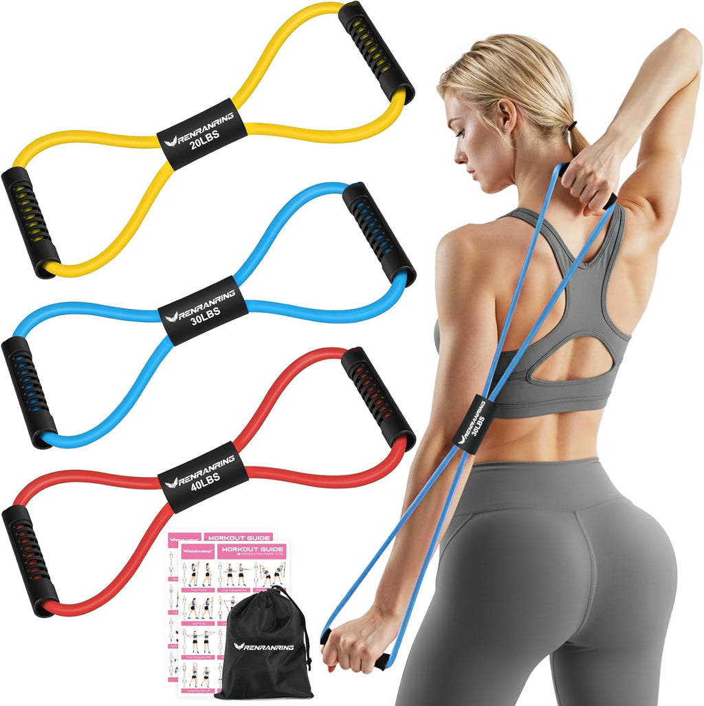 RENRANRING Figure 8 Resistance Bands - Set of 3 Fitness Exercise Tubes for Arm & Shoulder Stretch