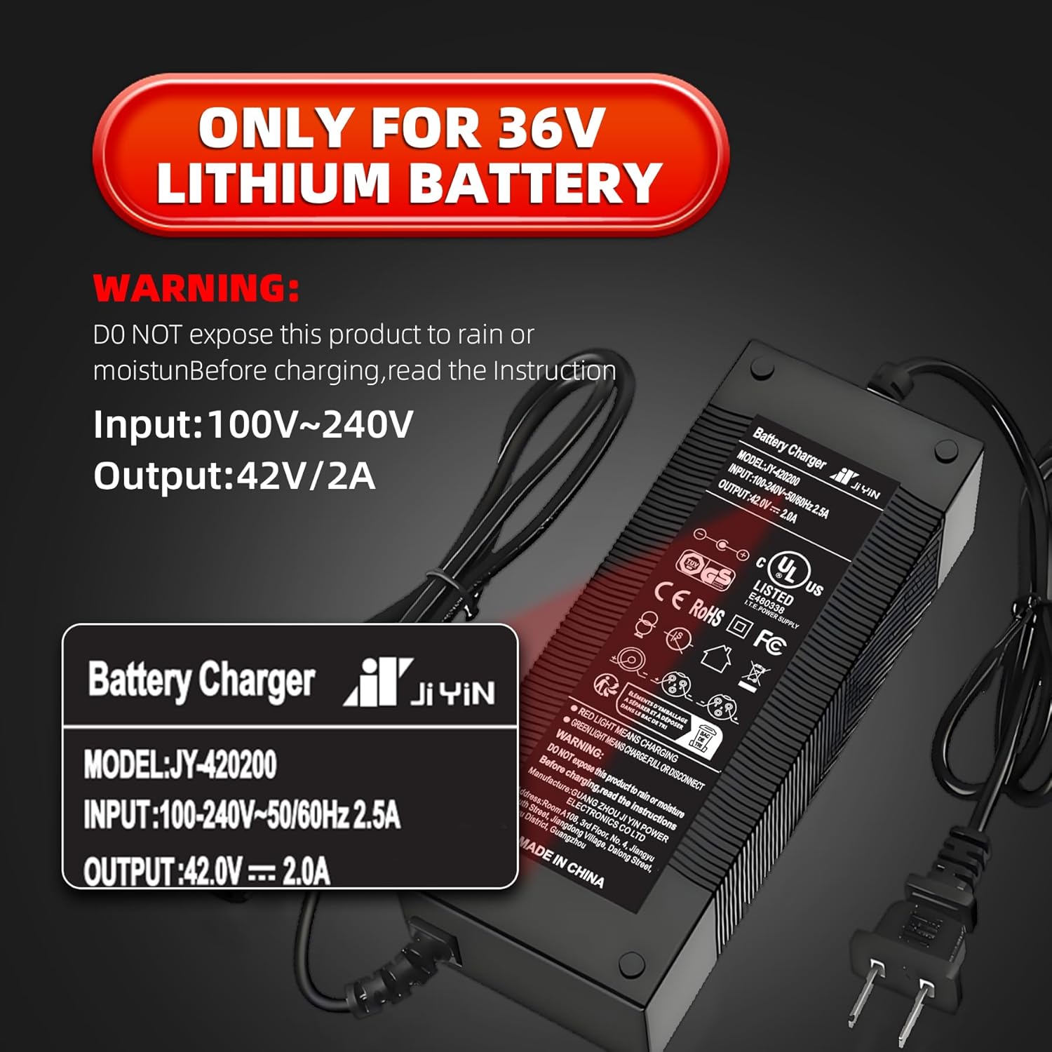 UL Listed 42V 2A Electric Scooter Charger - Versatile 5 Plug Hoverboard Compatibility