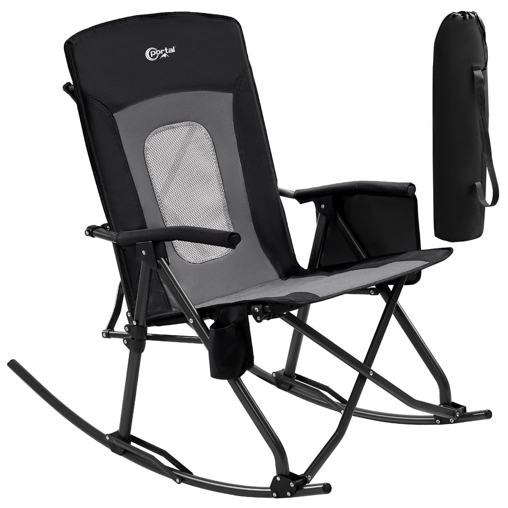 Portal Oversized Folding Rocking Camping Chair Portable Outdoor Rocker with High Back Hard Armrests Carry Bag, Supports 400 lbs, Mesh Back, Black & Grey