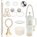 BydGxy Stanley Cup Accessories Set for 30oz 40oz Tumbler, with Handle Strap, Anti-Spill Plug, Boot, Straw Cover, Cute Letter Charms, No-Residue Initial Sticker, Fits Pink Purple White Stanley Cups (A)