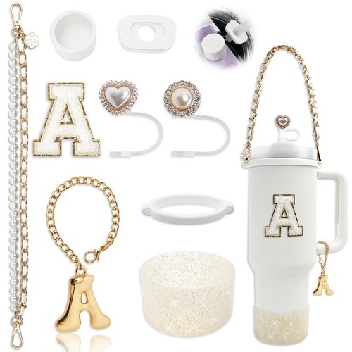 BydGxy Stanley Cup Accessories Set for 30oz 40oz Tumbler, with Handle Strap, Anti-Spill Plug, Boot, Straw Cover, Cute Letter Charms, No-Residue Initial Sticker, Fits Pink Purple White Stanley Cups (A)