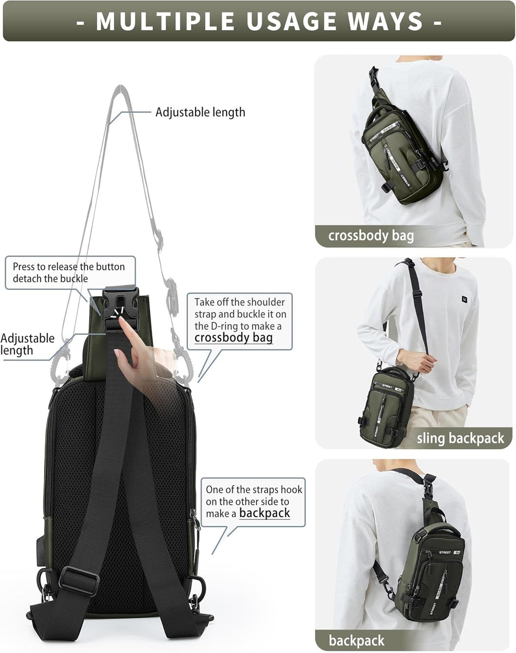 SEAFEW Sling Crossbody Backpack - Lightweight One Strap Bag with USB Charger Port | Olive Green