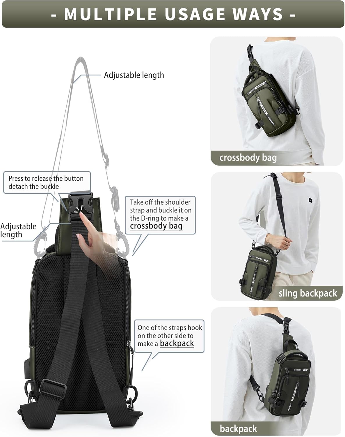 SEAFEW Sling Crossbody Backpack - Lightweight One Strap Bag with USB Charger Port | Olive Green