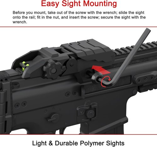 Flip Up Sights | Fiber Optic Red & Green Dot Sights - Adjustable Polymer Folding Set for Picatinny Rail