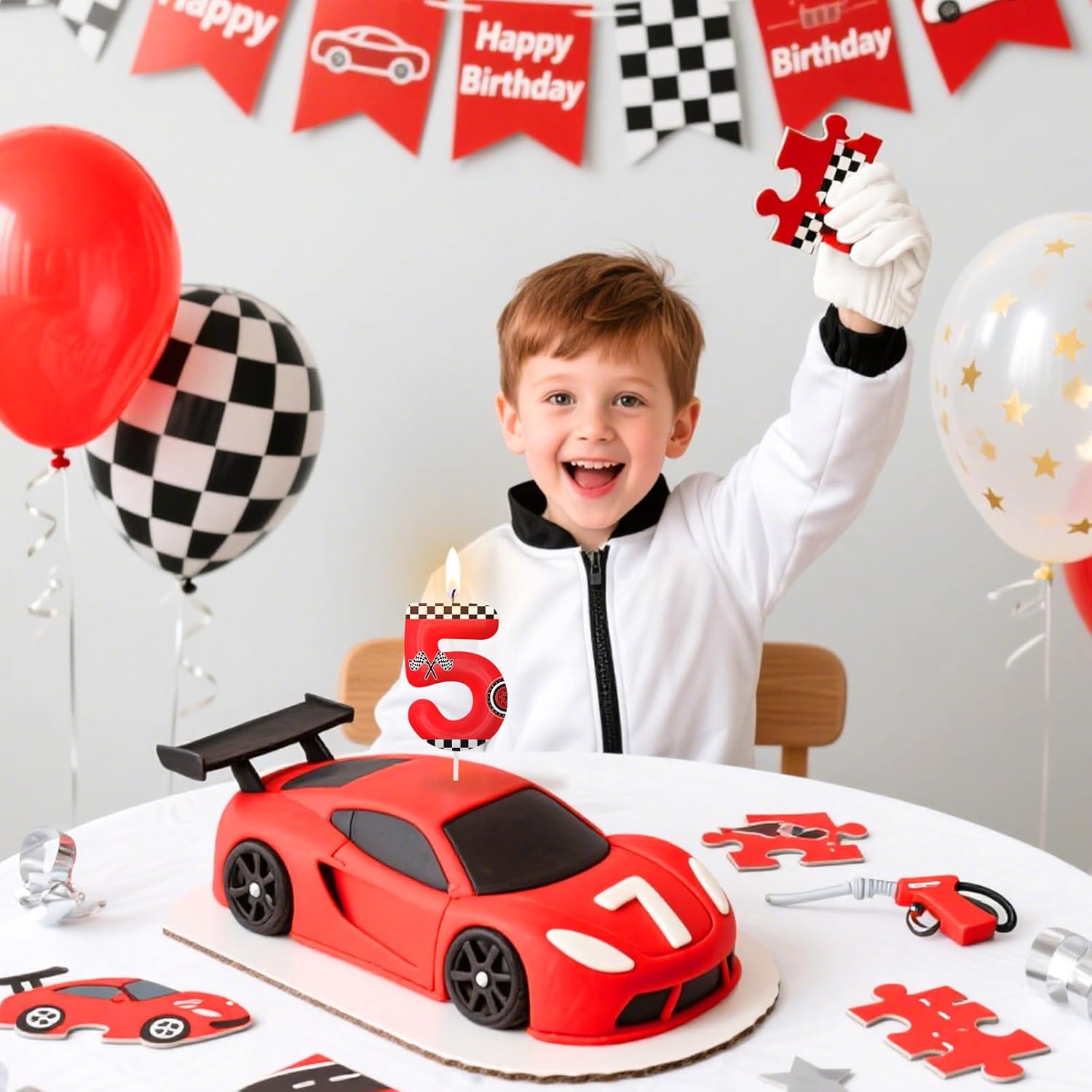 Red Number 3 Birthday Candles - Racing Cars Themed Cake Topper for Boys & Girls Party Decor
