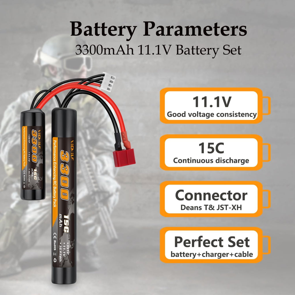 3300mAh Airsoft Battery by [Brand Name] - 11.1V Nunchuck Rechargeable Battery for AEG AK47, M4, MP5