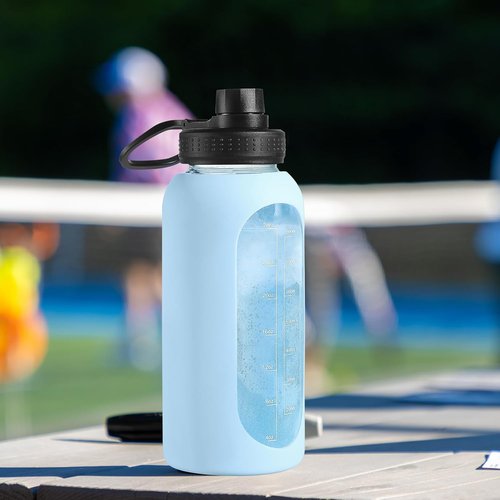 EALGRO 64 oz Glass Water Bottle - Motivational Half Gallon Jug with Straw & Handle | Sage Color