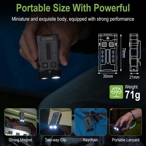 BORUIT EV20L LED Rechargeable Small EDC Flashlight with Green Beam,Pocket Keychain Flashlights with RGB Side Light,IP66 Waterproof,Clip & Tail Magnet for Outdoors Emergency Camping,Aluminum Black