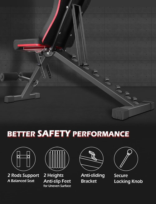 LINODI Adjustable Weight Bench for Home Gym，Foldable Incline Decline Flat Workout Bench for Full Body Strength Training, Dumbbell Press & Ab Exercises