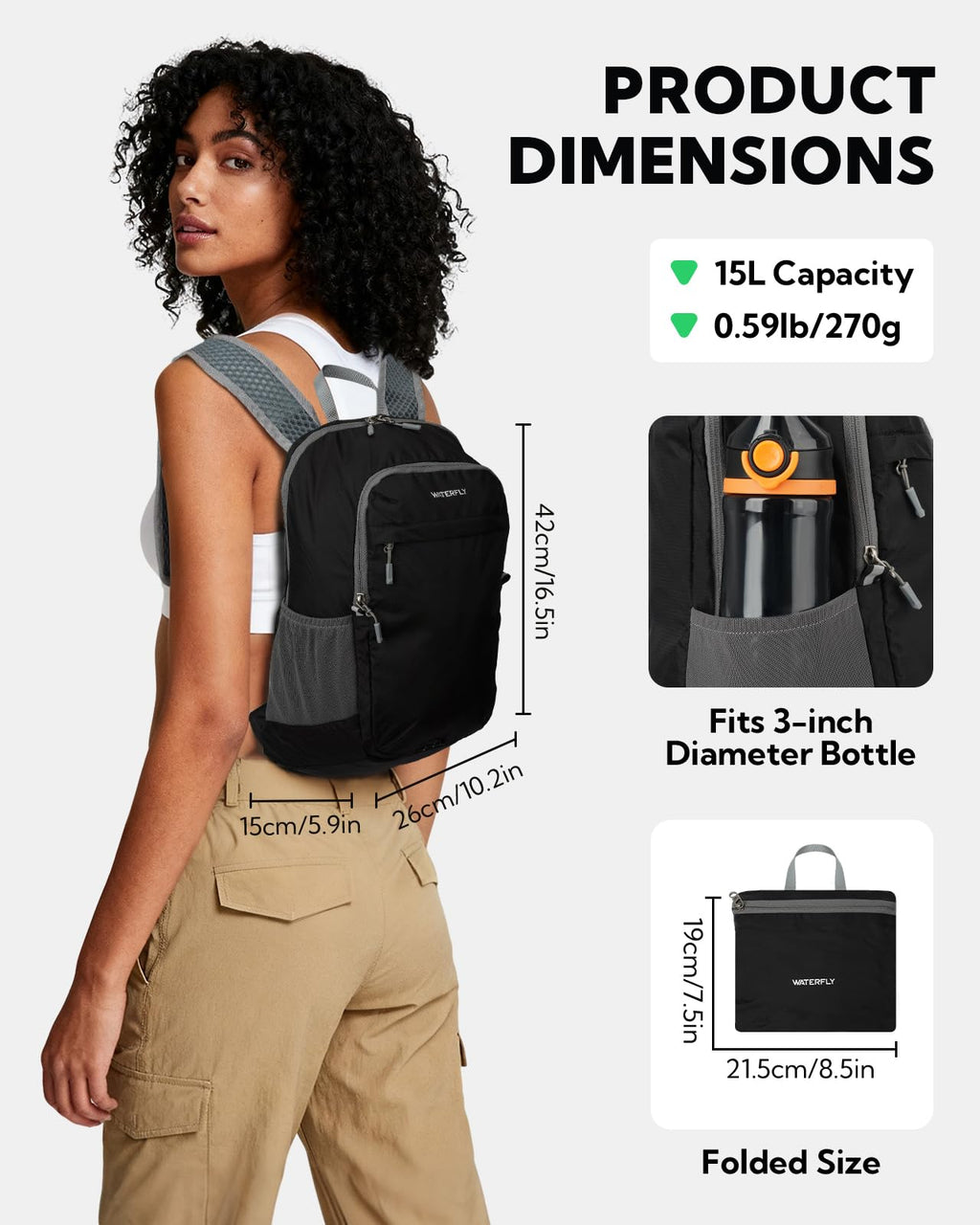 WATERFLY Packable Lightweight Small Backpack: 15L Foldable Mini Hiking Daypack - Ultralight Compact Day Pack for Women Men Outdoor Travel Camping Walking - Black