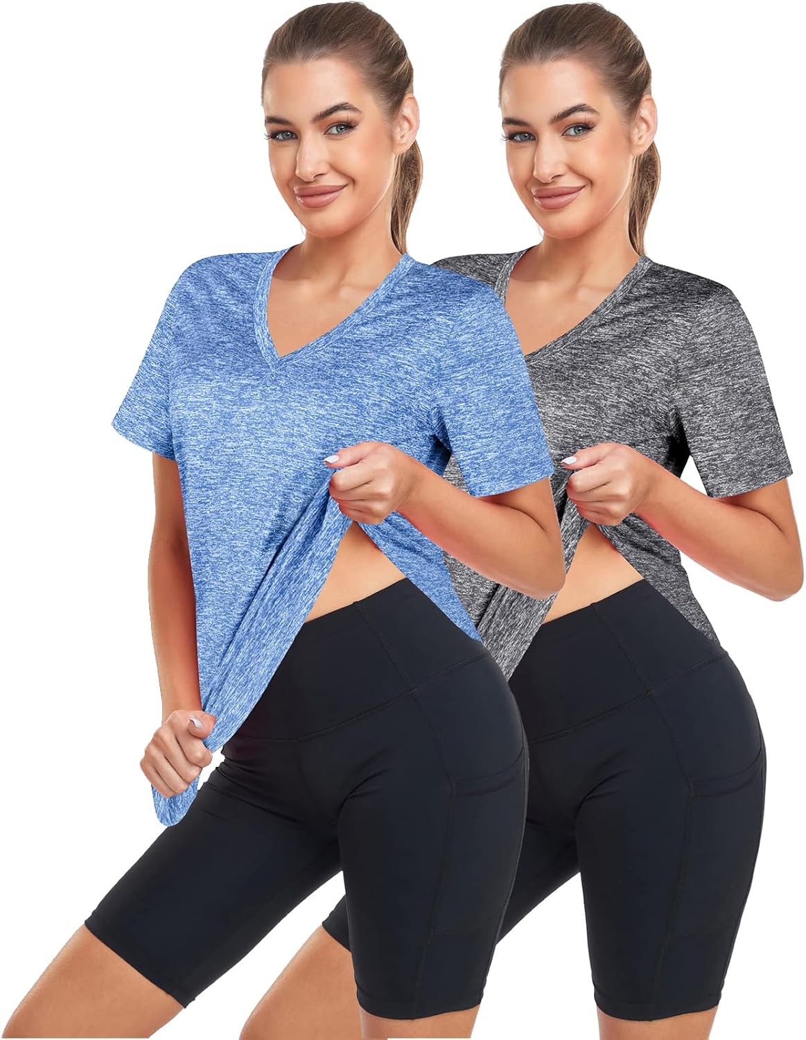 Skiennix Short Sleeve Workout Shirt for Women - Loose Fit V-Neck Exercise Top | Dry Fit Yoga Gym Wear
