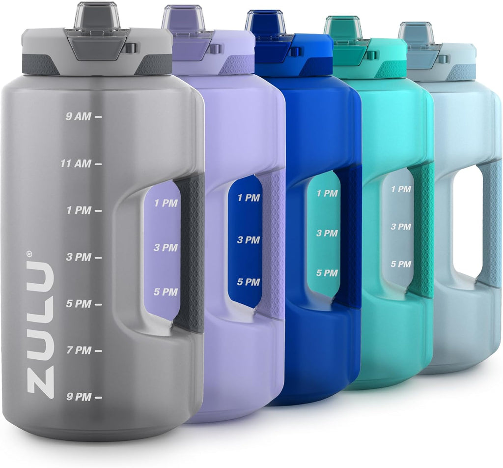 ZULU Goals 128oz Half Gallon Water Bottle - Leak Proof, Time Marker, & Handle | Grey Reusable Jug for Gym & Outdoors