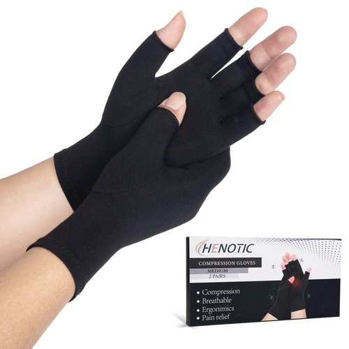 HENOTIC 2 Pairs Arthritis Compression Gloves for Women Men, Fingerless Breathable & Moisture Wicking Compression Gloves for Relieving Carpal Tunnel Aches, Rheumatoid Pains, Joint Swell Black M