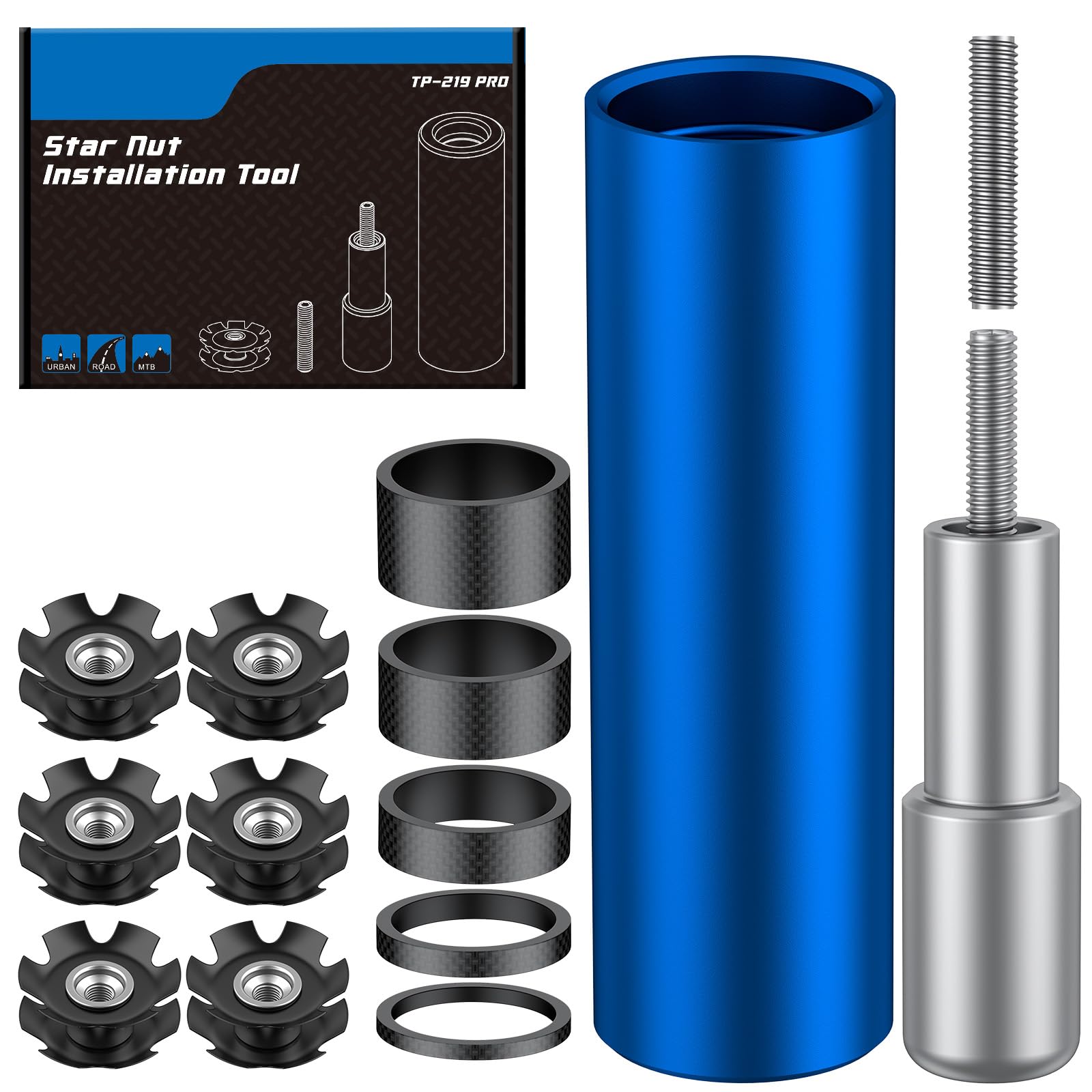 Pawfly Bike Fork Star Nut Installation Tool, Bicycle Fork Star Nut Setting Tool for 1-1/8" Threadless Fork Tubes, Star Nut Setting Installer with 1-1/8" Star Nuts Headset Spacers & Spare Special Screw