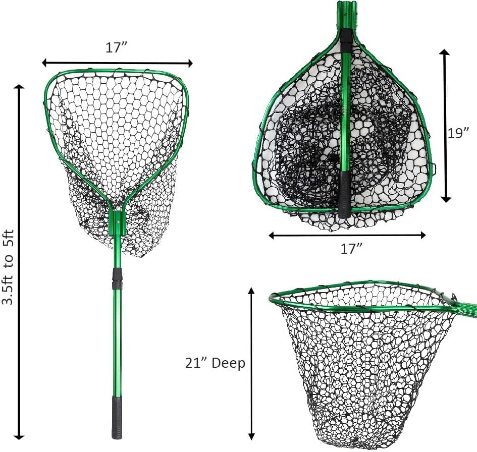 UMT Telescopic Fishing Landing Net - 3.6–5 Ft Adjustable Length, 17" x 19" Large Hoop, Green Silicone Mesh