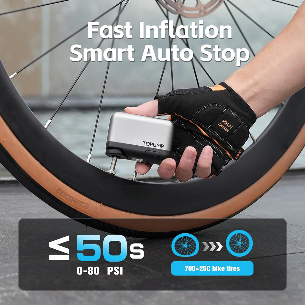 TOPUMP Mini Bike Tire Pump - 120PSI Portable Electric Air Pump with Gauge | Type-C Rechargeable, Auto Stop, Presta & Schrader Compatible