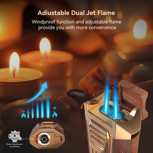 All-in-One Torch Lighter with Punch, Holder, and Draw Enhancer Tool, Adjustable Windproof 2 Jet Flame Lighters, Refillable Lighters Gift for Men (Mahogany)