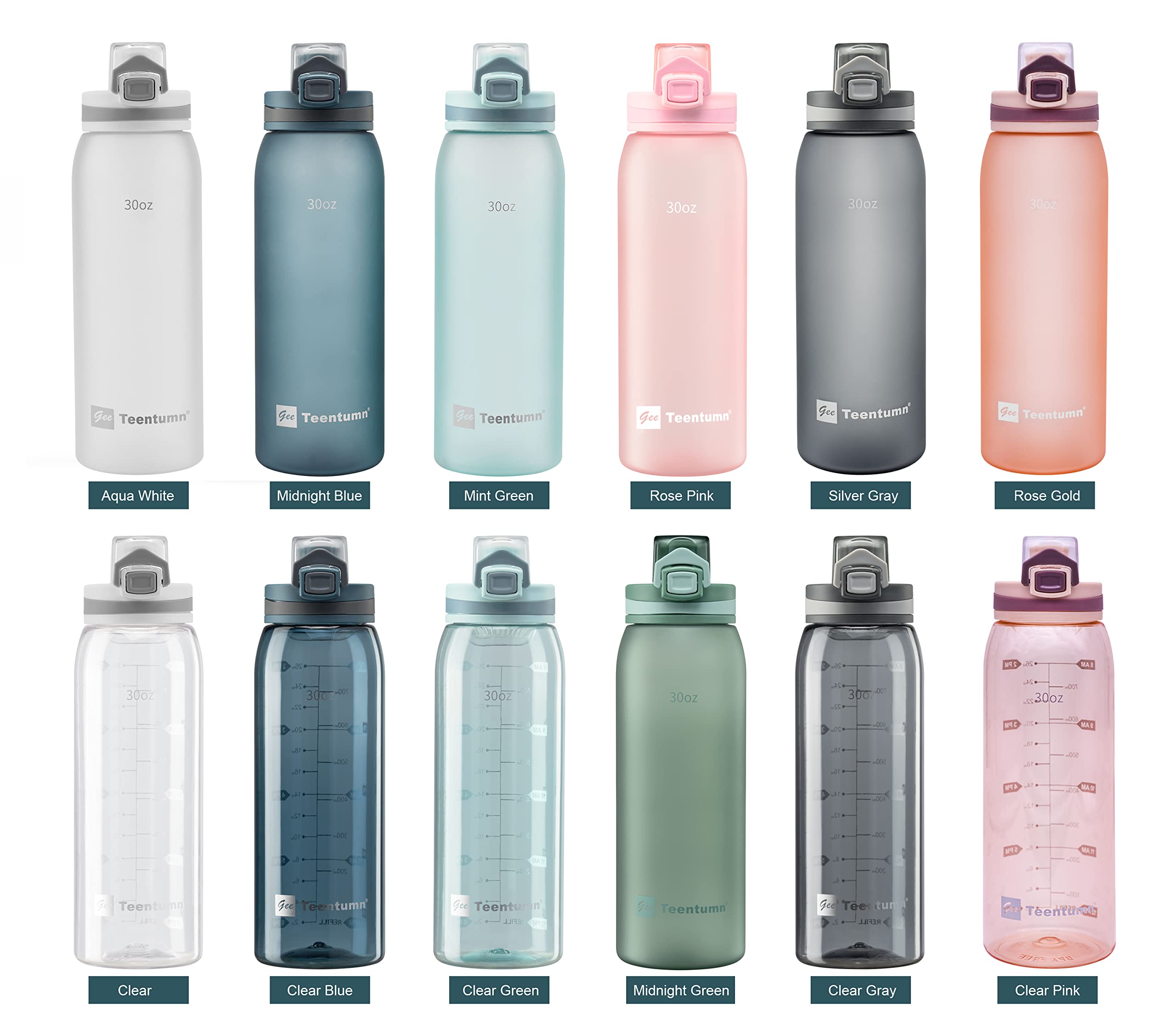 Teentumn 30oz Sport Water Bottle with Time Markers, Large Durable Gym Plastic Bottle Tritan BPA Free for Fitness, Outdoor Enthusiasts, Leakproof Clear Gray (Pack of 1)