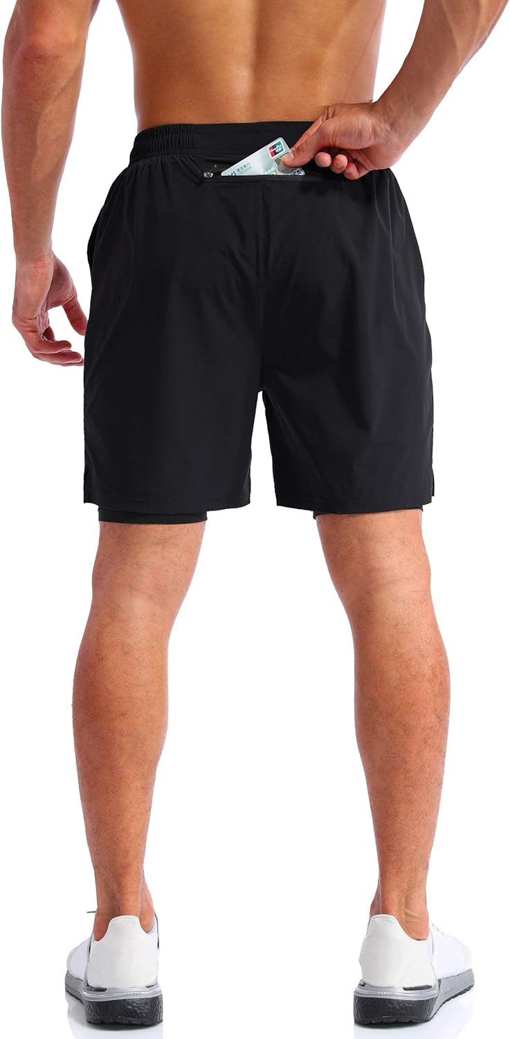 Pudolla Men's 2-in-1 Running Shorts - Quick Dry Athletic Gym Shorts with Phone Pockets | 5" Length
