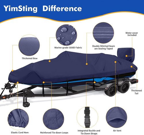 1200D Waterproof Boat Cover - Heavy Duty Canvas for 17' to 19' Bass, V-Hull & Bowrider Boats - Navy Blue