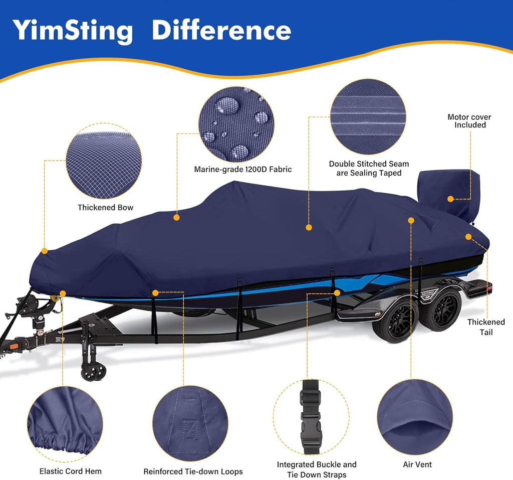 1200D Waterproof Boat Cover - Heavy-Duty Canvas for 16' to 18.5' Bass, V-Hull & Runabout Boats - Navy Blue