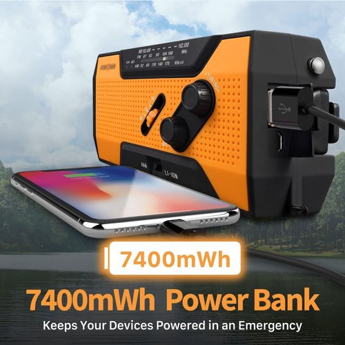 FosPower NOAA Emergency Weather Radio - Portable Power Bank with AM/FM, USB/Solar/Hand Crank Charging | Orange