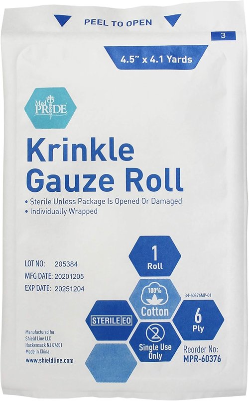 Med Pride Sterile Krinkle Gauze Rolls - Highly Absorbent 6-Ply Cotton Wound Dressing | 4.5'' x 4.1 Yards (6 Rolls)