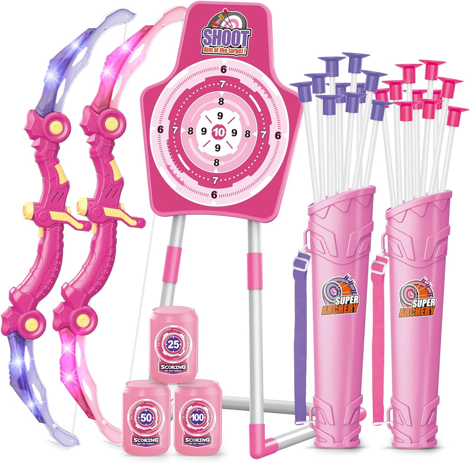 SpringFlower Archery Set - 2 Bow and Arrow Sets with LED Lights & Foam Dart Guns | Perfect Gift for Kids 5-10+ Years