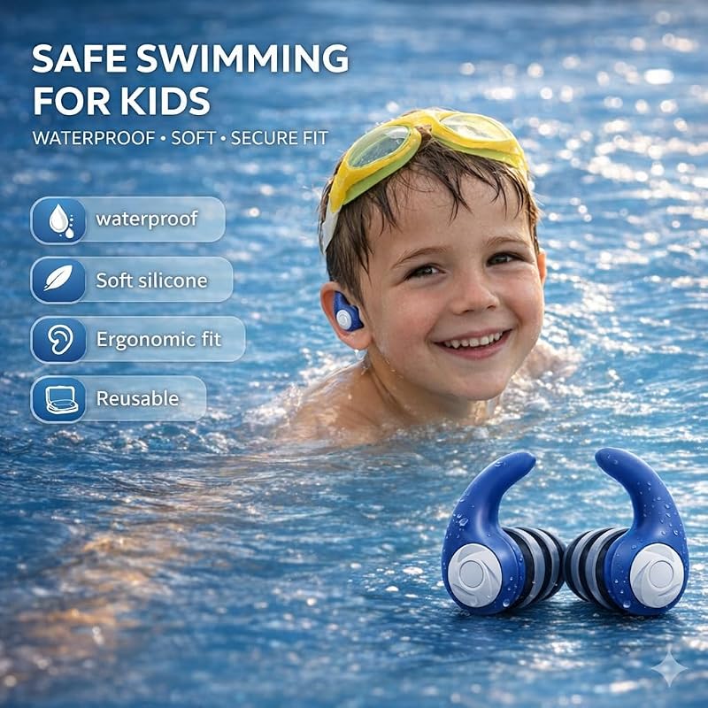 Waterproof Ear Plugs for Adults & Kids, 3 Pairs—Soft Silicone, Blue/Orange/Sky Blue (Variation: Blue, Orange, Sky Blue-Kids)