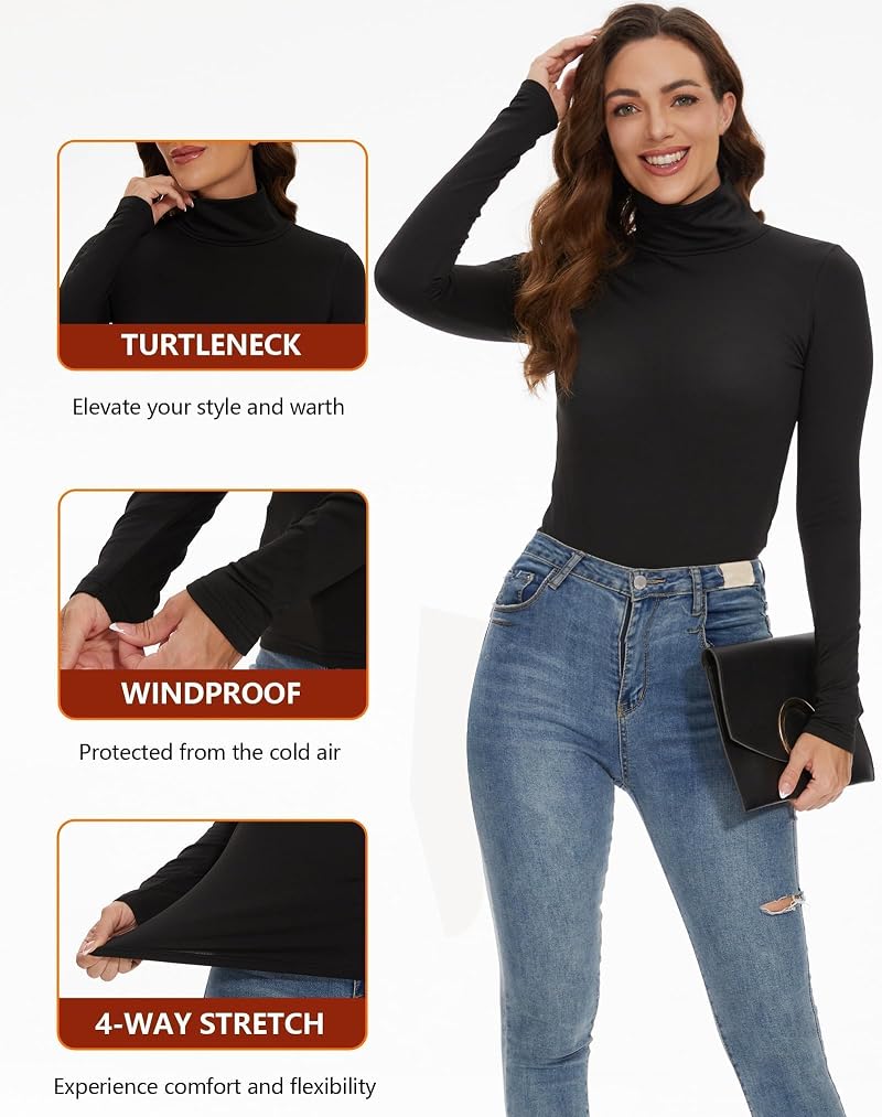 Dalavch 4-Pack Women's Fleece-Lined Thermal Turtleneck Shirts – Black, Heather Gray & White (Large)