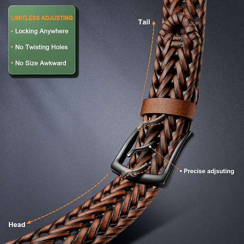 Gift Boxed Leather Belt for Men - 1 3/8" Woven, Holeless, Light Brown, Adjustable