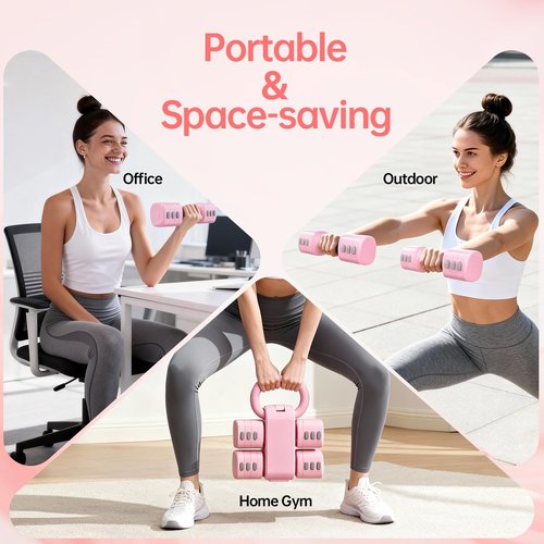 Flexella Adjustable Kettlebell Set, 4-in-1 Free Weight Kettlebell sets (5.5lbs 7.7lbs 9.9lbs 12.1lbs) for women, Hand Weight Dumbbell Set of 2 for Home Gym Fitness Training (Pink)