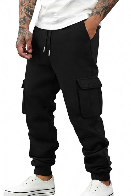 Drantren Cargo Sweatpants for Men Cotton Casual Joggers Stretch Drawstring Baggy Sweatpants with Pockets Jogging Pants Black