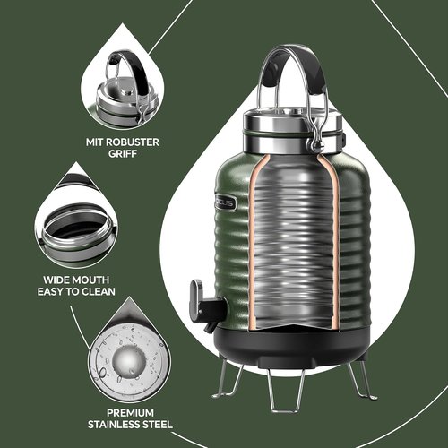 IDEUS Insulated Beverage Dispenser - Vacuum Double-Wall Stainless Steel Water Cooler | 1.4 Gallon, Green