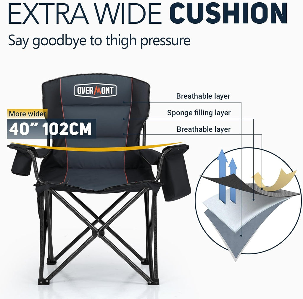 Overmont Oversized Camping Chair - 450lbs Capacity with Padded Cushion & Cooler Pockets | Heavy-Duty Design